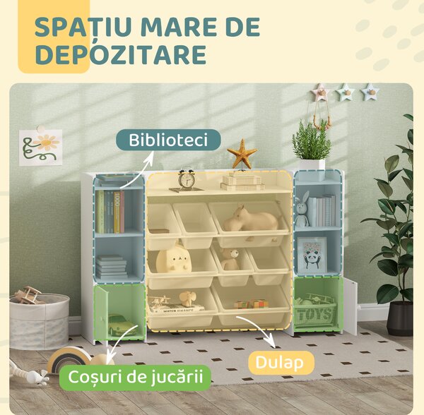 AIYAPLAY Dulap pentru jucării pentru copii cu 8 recipiente detașabile și dulapuri, 140x30x90 cm, alb | Aosom Romania