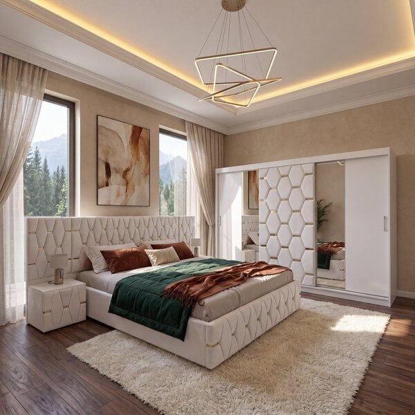 Set Mobila De Dormitor Berlin Alb, pat tapitat Alb 180x200cm, dulap tapitat 250cm, 2 noptiere si saltea 180x200cm