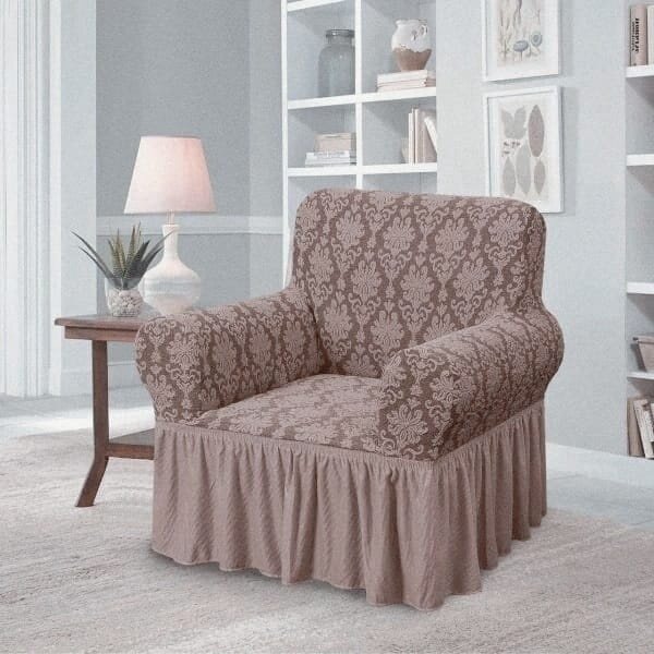 Husa elastica pentru fotoliu, cu volanas si model Jacquard Cappuccino