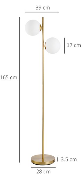 HOMCOM Lampă de Podea cu 2 Lumini și Abajururi Sferice, Lampă de Podea cu Comutator de Picior, Soclu E27, 39x28x165 cm, Aur | Aosom Romania