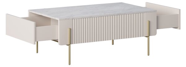 Măsuță de cafea Malmi 100 cm cu sertare - kaszmir / crema bianca / picioare aurii