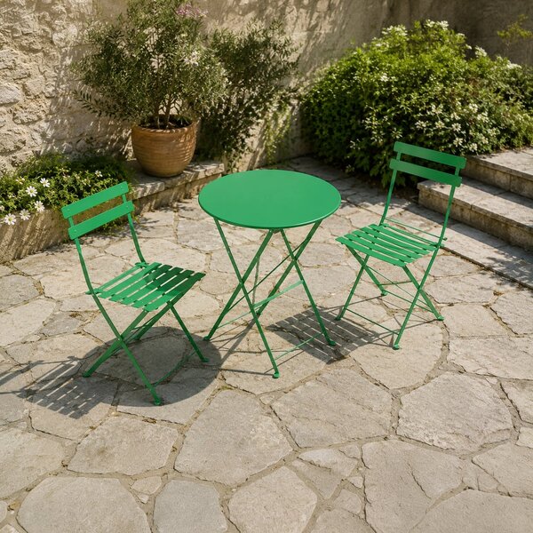 Set masă și 2 scaune pliabile FLAIR, din metal, pentru balcon și terasă – Verde