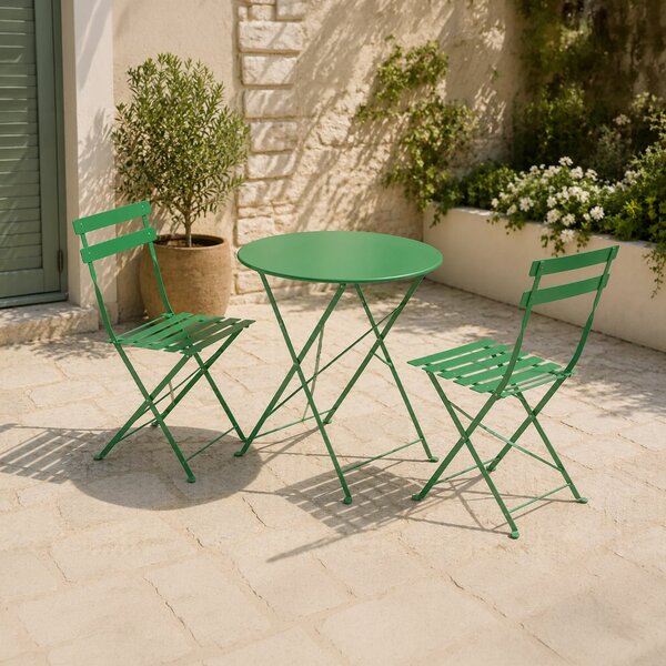 Set masă și 2 scaune pliabile FLAIR, din metal, pentru balcon și terasă – Verde