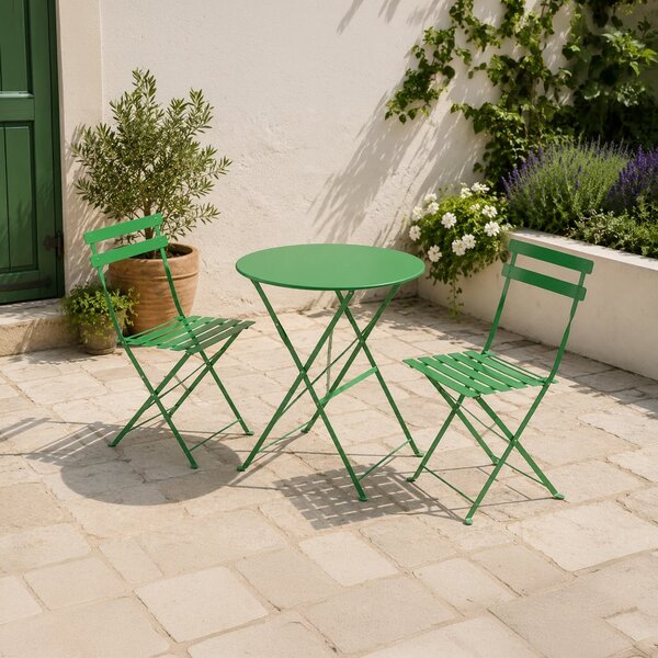 Set masă și 2 scaune pliabile FLAIR, din metal, pentru balcon și terasă – Verde