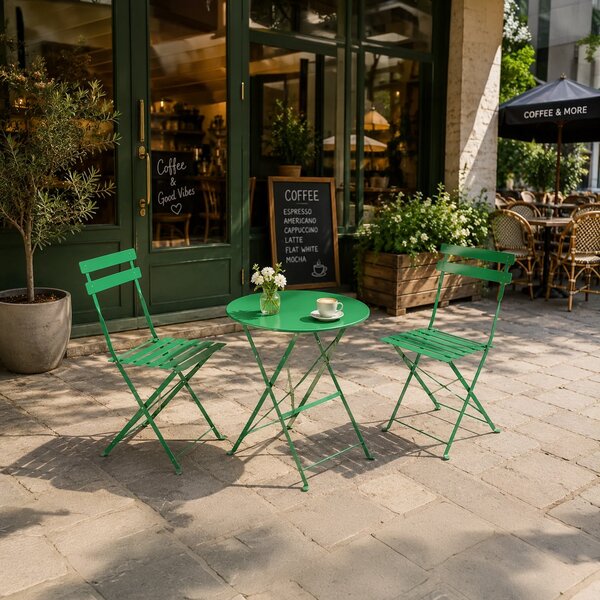 Set masă și 2 scaune pliabile FLAIR, din metal, pentru balcon și terasă – Verde