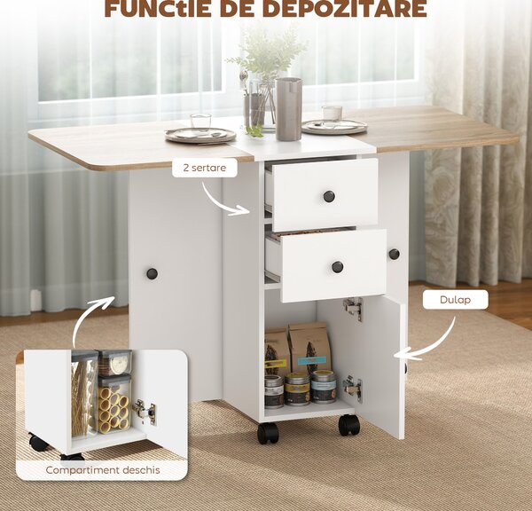HOMCOM Masă Rabatabilă pentru Maxim 6 Persoane cu 2 Sertare, Dulap și Raft Posterior, 120x60x76.5 cm, Alb | Aosom Romania