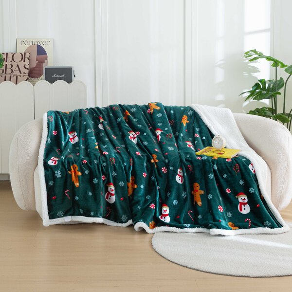 Patura miel de Craciun din microplus SNOWMAN AND GINGERBREAD verde inchis Dimensiuni: 200 x 220 cm