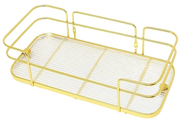 Raft metalic Pufo Luxury pentru baie si bucatarie- Suport organizator pentru blat sau perete, 31 x 14 cm, auriu
