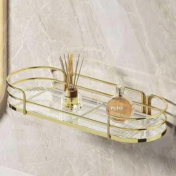 Raft metalic Pufo Luxury pentru baie si bucatarie- Suport organizator pentru blat sau perete, 30.5 x 14.5 cm,auriu