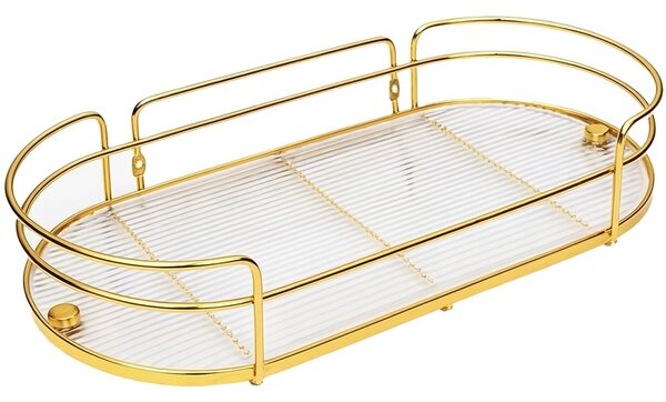 Raft metalic Pufo Luxury pentru baie si bucatarie- Suport organizator pentru blat sau perete, 30.5 x 14.5 cm,auriu