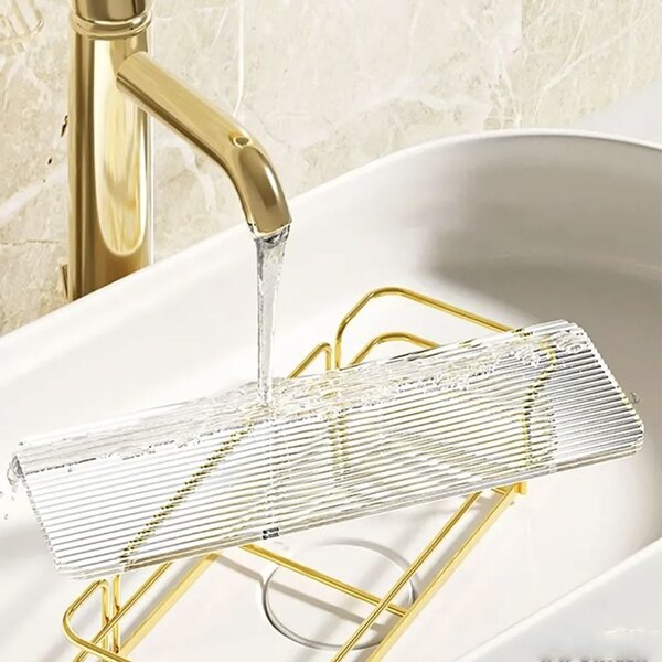 Raft metalic Pufo Luxury pentru baie si bucatarie- Suport organizator pentru blat sau perete, 31 x 14 cm, auriu
