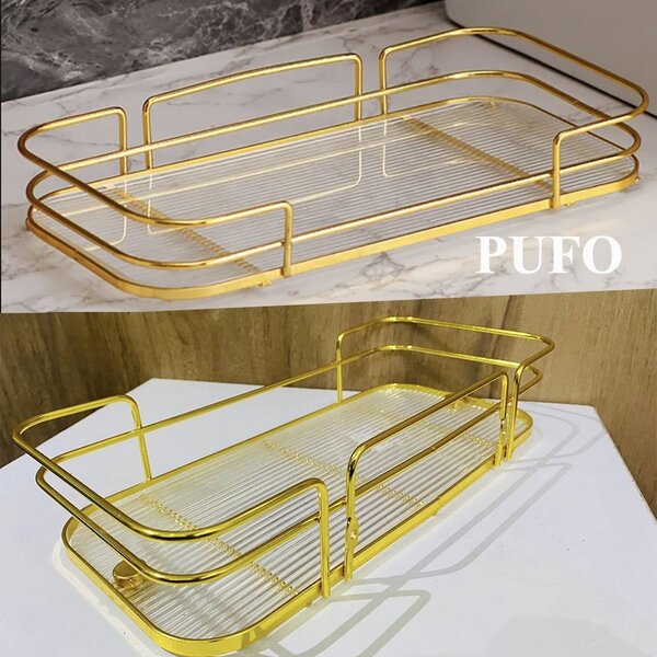 Raft metalic Pufo Luxury pentru baie si bucatarie- Suport organizator pentru blat sau perete, 31 x 14 cm, auriu