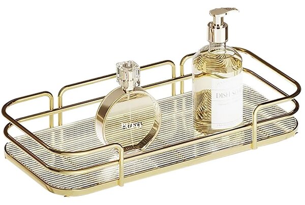 Raft metalic Pufo Luxury pentru baie si bucatarie- Suport organizator pentru blat sau perete, 31 x 14 cm, auriu