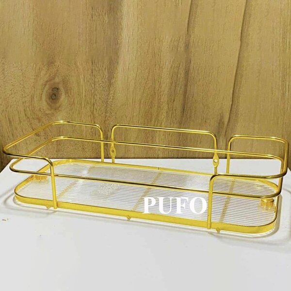 Raft metalic Pufo Luxury pentru baie si bucatarie- Suport organizator pentru blat sau perete, 31 x 14 cm, auriu