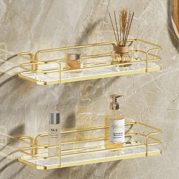 Raft metalic Pufo Luxury pentru baie si bucatarie- Suport organizator pentru blat sau perete, 31 x 14 cm, auriu