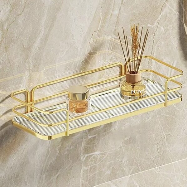 Raft metalic Pufo Luxury pentru baie si bucatarie- Suport organizator pentru blat sau perete, 31 x 14 cm, auriu