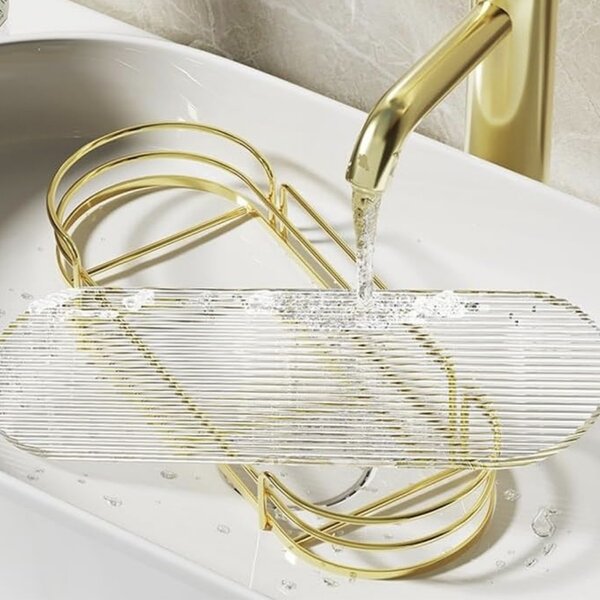 Raft metalic Pufo Luxury pentru baie si bucatarie- Suport organizator pentru blat sau perete, 30.5 x 14.5 cm,auriu
