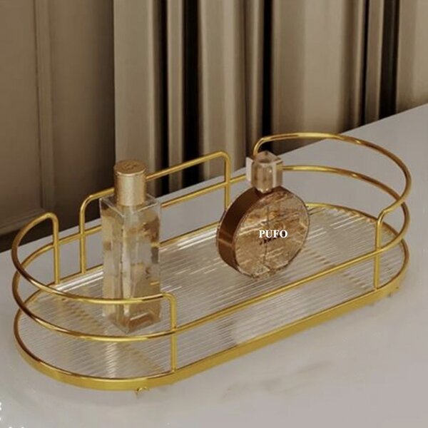 Raft metalic Pufo Luxury pentru baie si bucatarie- Suport organizator pentru blat sau perete, 30.5 x 14.5 cm,auriu