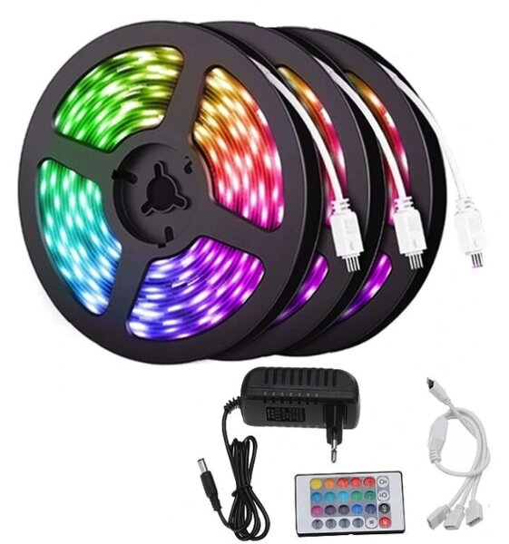 Kit Banda RGB LED 15 Metri (3x5 metri) (1 culoare pe led) 5050 cu telecomanda