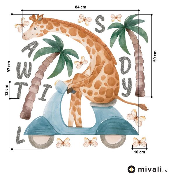 Autocolante de perete - Girafa pe moped