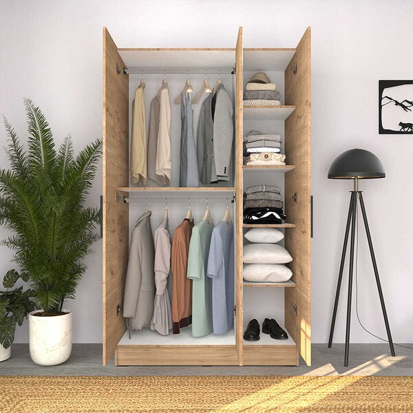Dulap Haine Adore Trendline cu 3 usi si oglinda, Alb - Stejar, 120x207x53 cm
