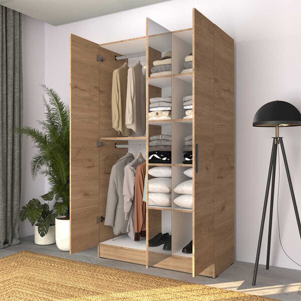 Dulap Haine Adore Trendline cu 3 usi si oglinda, Alb - Stejar, 120x207x53 cm