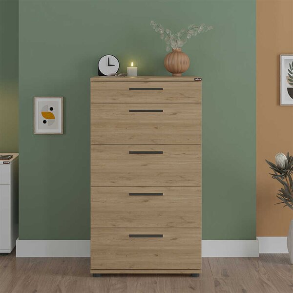 Comoda Adore Trendline cu 5 sertare, Alb - Maro - Stejar - Mov, 60x108x44 cm