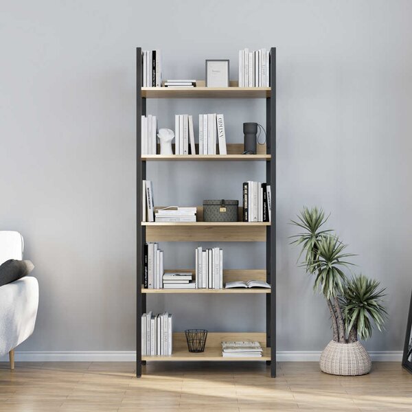 Biblioteca Adore Profile cu 5 rafturi, Alb - Maro - Stejar, 73x172x35 cm