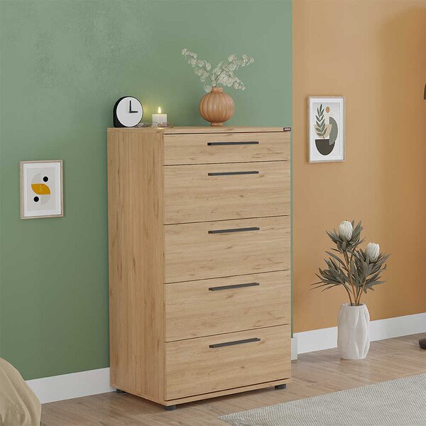 Comoda Adore Trendline cu 5 sertare, Alb - Maro - Stejar - Mov, 60x108x44 cm