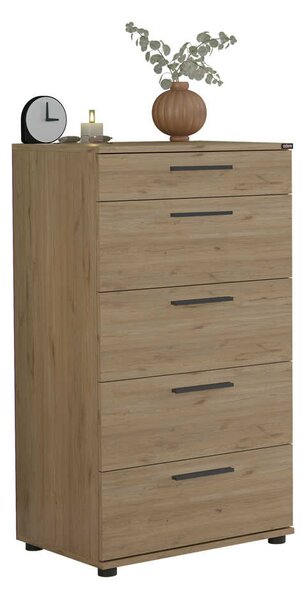 Comoda Adore Trendline cu 5 sertare, Alb - Maro - Stejar - Mov, 60x108x44 cm