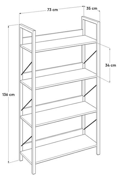 Biblioteca Adore Profile cu 4 rafturi, Alb - Maro - Stejar, 73x136x35 cm