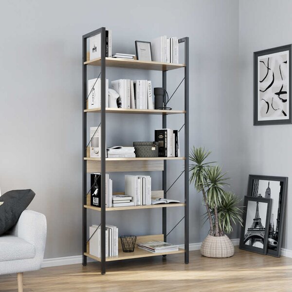Biblioteca Adore Profile cu 5 rafturi, Alb - Maro - Stejar, 73x172x35 cm