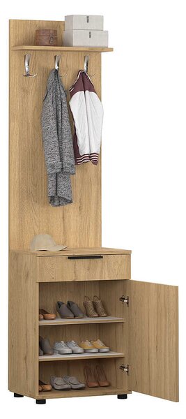 Cuier cu Pantofar Adore Porto Aero cu usa si sertar, Alb - Stejar, 52x187x36 cm
