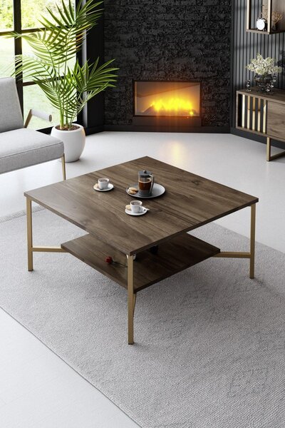 Masuta Cafea, PAL Melaminat / Metal, Gold Line, Negru / Auriu, 80x80x40 cm