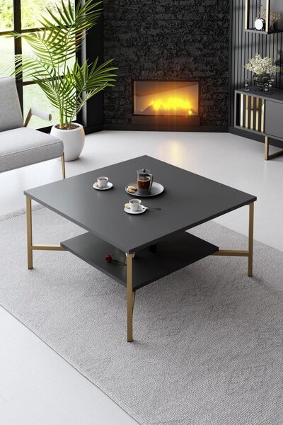 Masuta Cafea, PAL Melaminat / Metal, Gold Line, Negru / Auriu, 80x80x40 cm