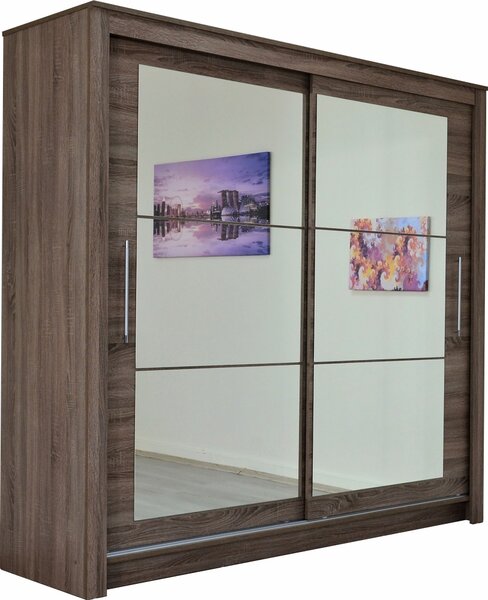 Dormitor Ebon trufle, pat 160x200, dulap usi culisante, comoda, 2 noptiere, suport saltea si saltea160x200 incluse