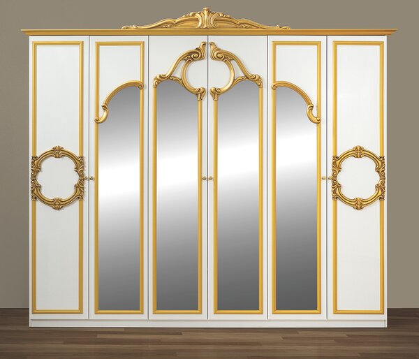 Dormitor Barocco Bianco, alb & auriu, pat 160x200 cm, dulap cu 6 usi, comoda, 2 noptiere, somiera cadou