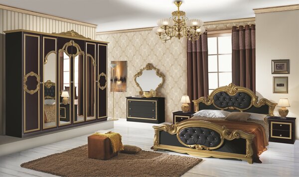 Dormitor Barocco Bianco, negru & auriu, pat 160x200 cm, dulap cu 6 usi, comoda, 2 noptiere, somiera cadou
