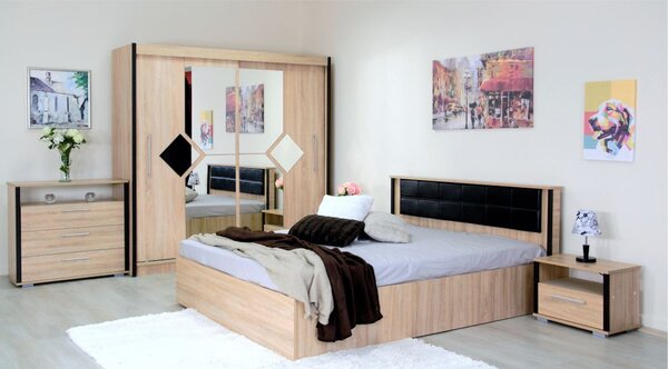 Dormitor Havana sonoma, pat 160x200, dulap usi culisante, comoda, 2 noptiere, suport saltea si saltea160x200 incluse