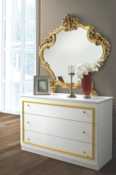 Dormitor Barocco Bianco, alb & auriu, pat 160x200 cm, dulap cu 6 usi, comoda, 2 noptiere, somiera cadou