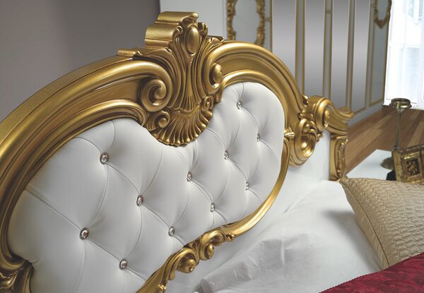 Dormitor Barocco Bianco, alb & auriu, pat 160x200 cm, dulap cu 6 usi, comoda, 2 noptiere, somiera cadou
