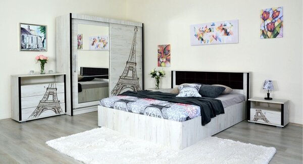 Dormitor Havana print (Paris), pat 160x200, Dulap usi culisante, comoda, 2 noptiere, suport saltea si saltea160x200 incluse