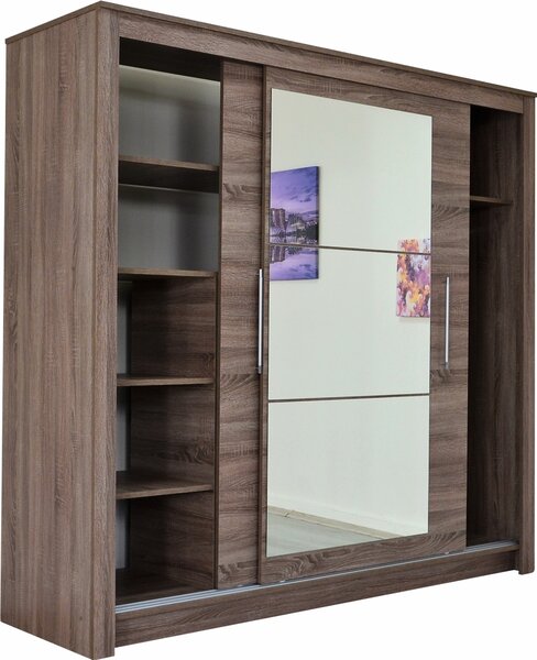 Dormitor Ebon trufle, pat 160x200, dulap usi culisante, comoda, 2 noptiere, suport saltea si saltea160x200 incluse
