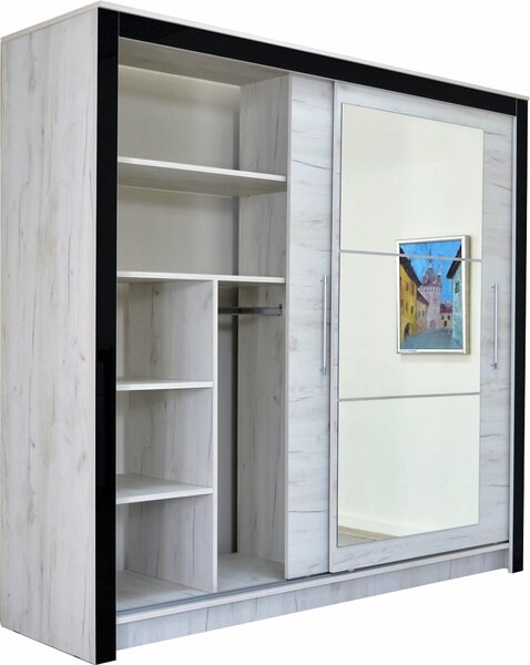 Dormitor Ebon kraft, pat 160x200, dulap usi culisante, comoda, 2 noptiere, suport saltea si saltea160x200 incluse