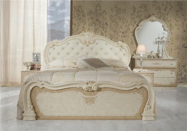 Dormitor Toulouse Bej, pat 160x200 cm, dulap cu 6 usi, 2 noptiere, comoda, somiera + saltea cadou