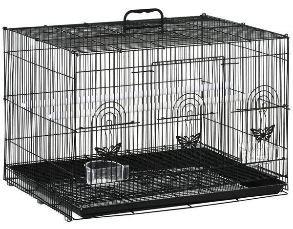 PawHut Colivie pentru Păsări cu 2 Stinghii, 3 Intrări, Tavă și 2 Recipiente pentru Hrană, 60x41x41 cm, Negru | Aosom Romania