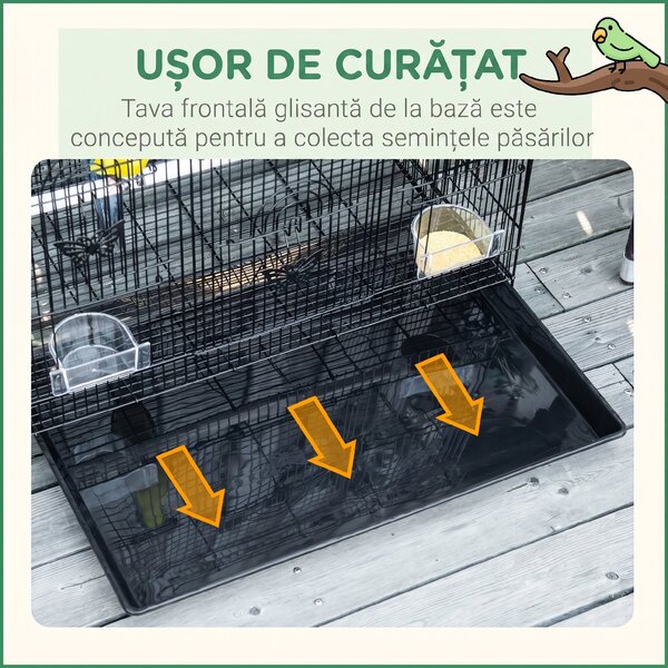 PawHut Colivie pentru Păsări cu 2 Stinghii, 3 Intrări, Tavă și 2 Recipiente pentru Hrană, 60x41x41 cm, Negru | Aosom Romania