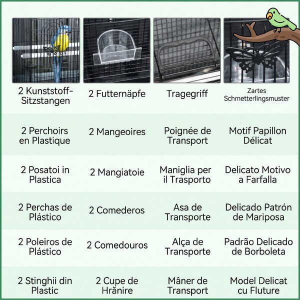 PawHut Colivie pentru Păsări cu 2 Stinghii, 3 Intrări, Tavă și 2 Recipiente pentru Hrană, 60x41x41 cm, Negru | Aosom Romania