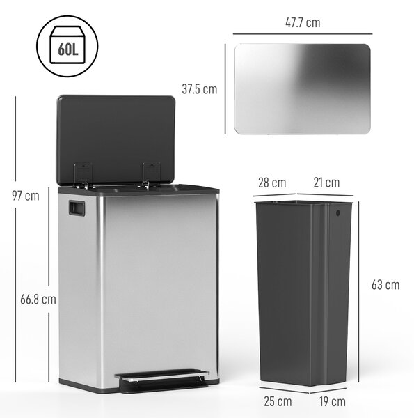 HOMCOM Coș de Gunoi cu 2 Compartimente de 30L, Pedală și Capac Silențios, 47,7x37,5x66,8 cm, Argintiu | Aosom Romania