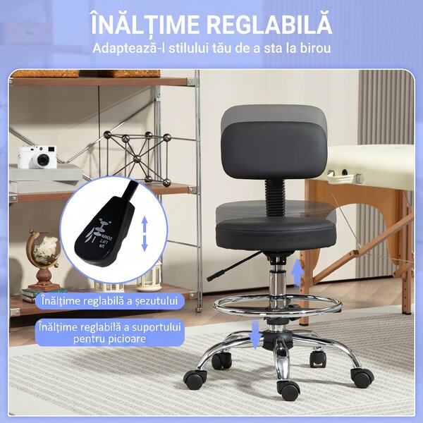 HOMCOM Scaun Rotativ la 360° și Reglabil pe Înălțime cu Suport pentru Picioare, 52x52x78-92 cm, Negru | Aosom Romania